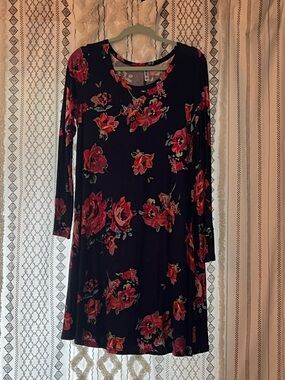 HiMONE Navy Long-Sleeve Floral Dress with Pink Floral Print